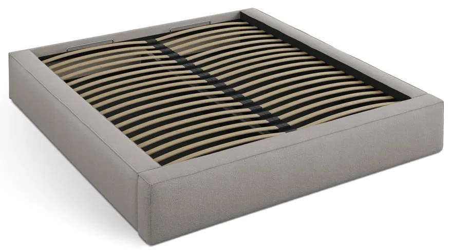 Pat matrimonial gri deschis tapițat cu spațiu de depozitare cu somieră 200x200 cm Simon – Micadoni