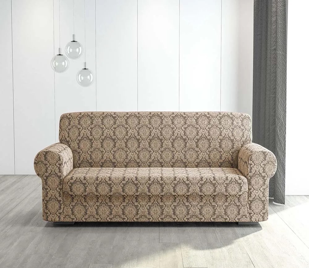 Husa elastica pentru canapea 3 locuri, fara volanas, model Jacquard, Cappuccino