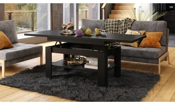 Masă extensibilă ROY pentru living și sufragerie, cu blat rabatabil și mecanism de ridicare, neagră