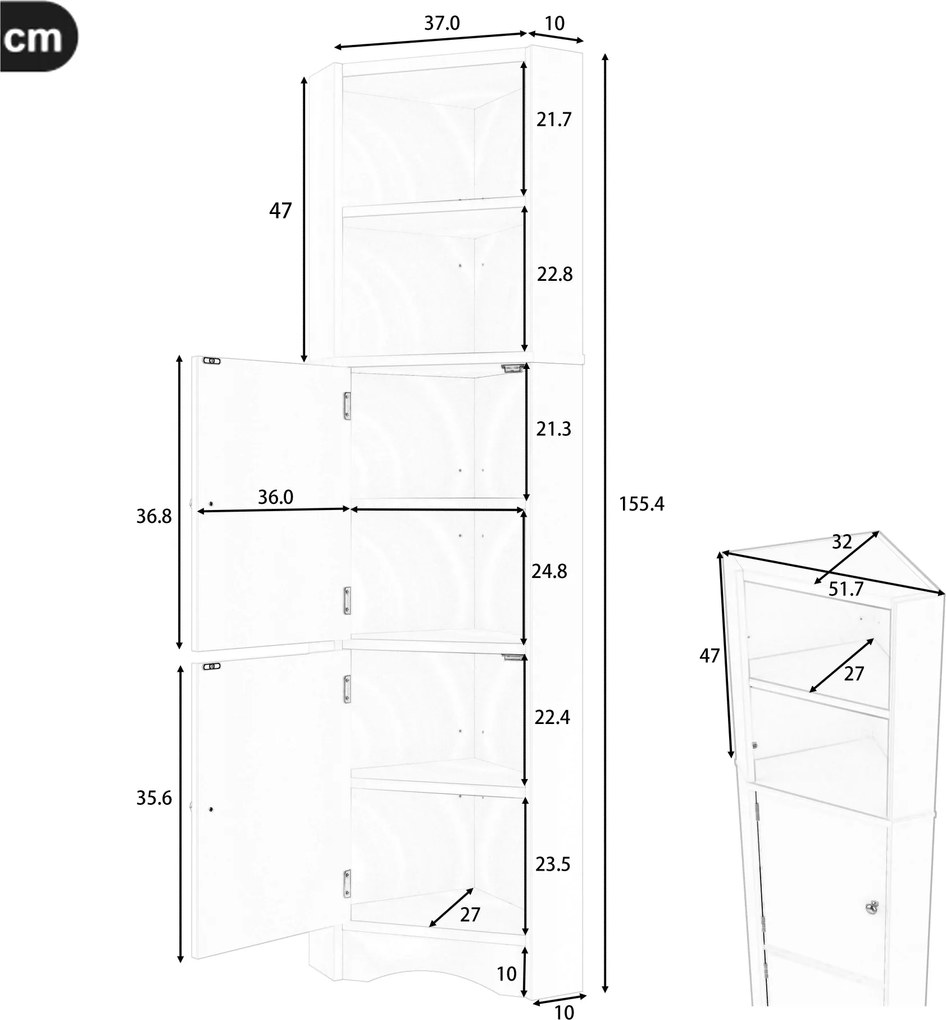 Dulap de baie triunghiular cu două rafturi deschise, pereți despărțitori reglabili, 51,7x32x155,4 cm, Alb