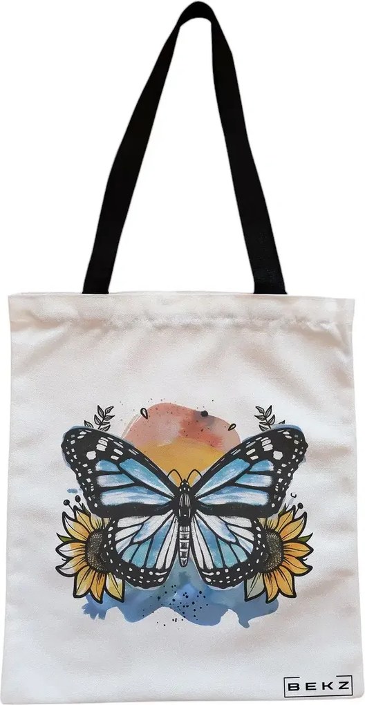 Sacosa de Panza pentru Cumparaturi, Geanta Tote, Blue Butterfly, Cu fermoar, 38x34.5 cm, Alba, BEKZ®