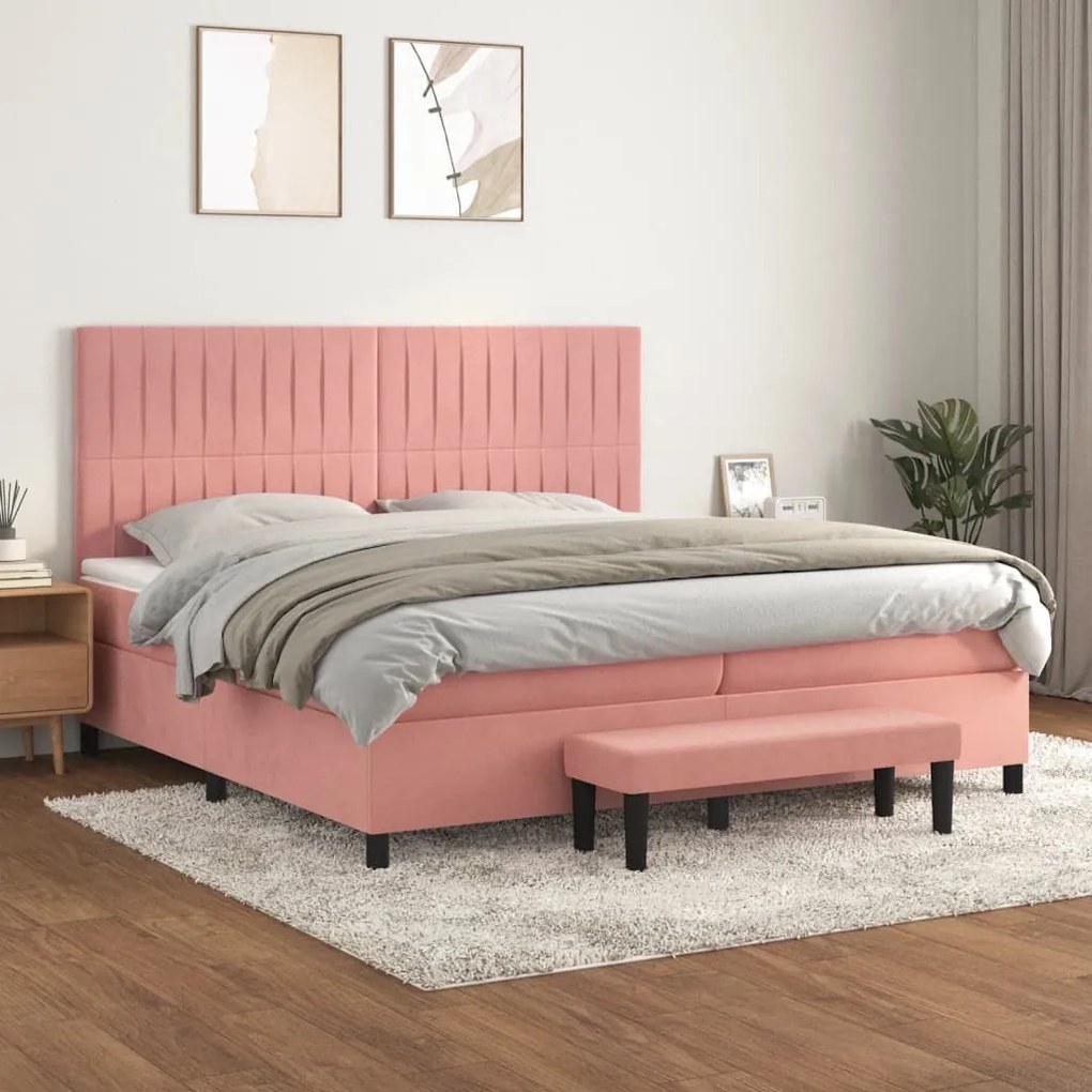 3137988 vidaXL Pat box spring cu saltea, roz, 200x200 cm, catifea