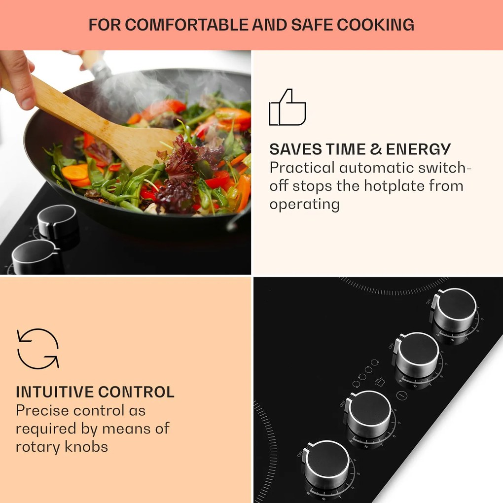 Klarstein Kochheld, plită cu inducție cu 4 zone, 6000 W, butoane rotative, sticla, negru