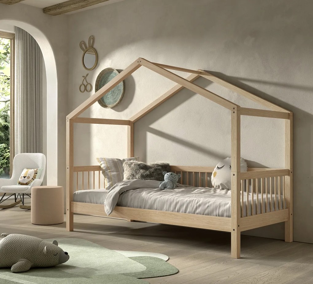 Pat Casă Forrest Beech 90x200 cm, pentru Camera Copii, din Lemn de Fag, cu Sertar, Protecție Suplimentară și Set Textil – Vipack