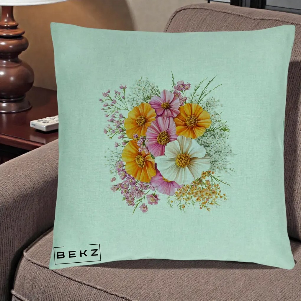 Perna Decorativa Buchet Cosmos Portocaliu Roz si Alb, 40x40 cm, Verde Menta, Husa Detasabila, Perna Inclusa, BEKZ®