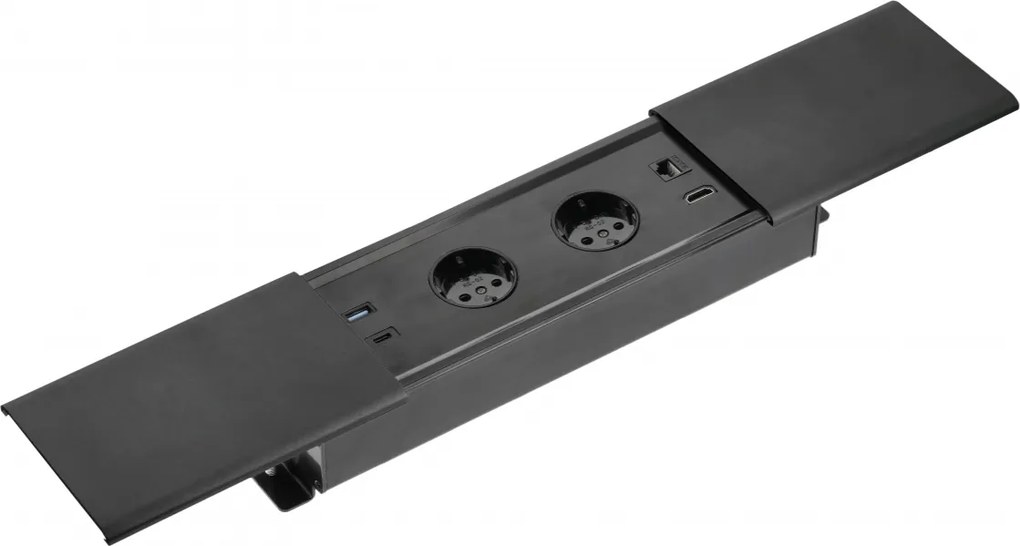Priză încorporabilă în blat Prestino GTV, 2 prize Schuko, USB A + C, HDMI, RJ45, negru, 310 x 100 mm Aluminiu/ plastic, Negru, L:310 mm; l:100 mm;
