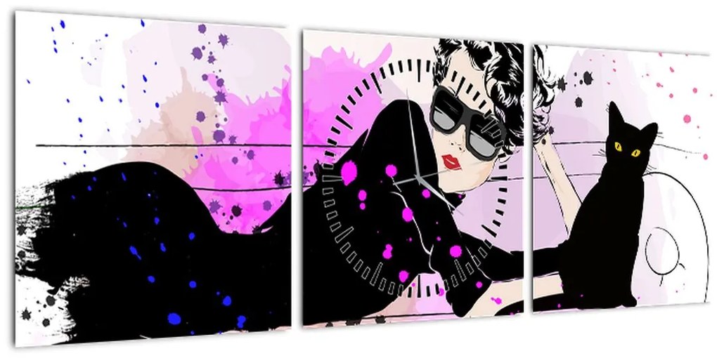 Tablou - Femeia cu pisică neagră (cu ceas) (90x30 cm)
