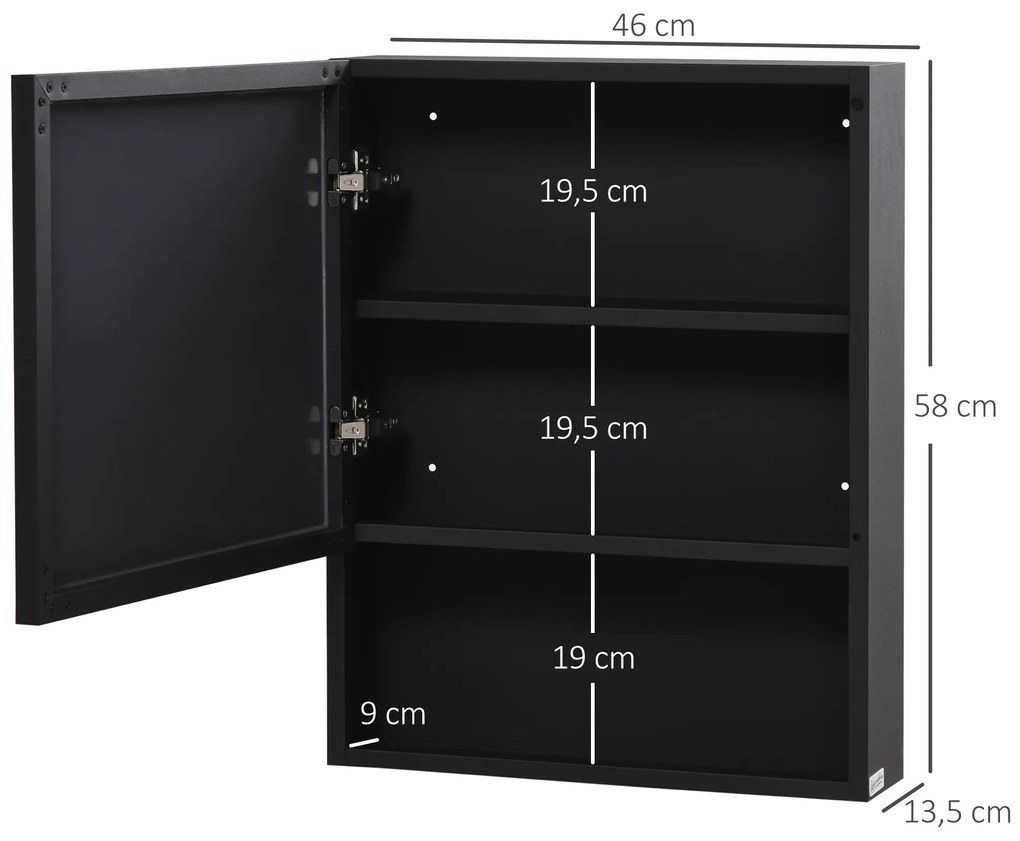kleankin Șifonier de baie cu oglindă montat pe perete din oțel inoxidabil cu ușă și raft dim.46 x 13,5 x 58 cm negru | Aosom Romania