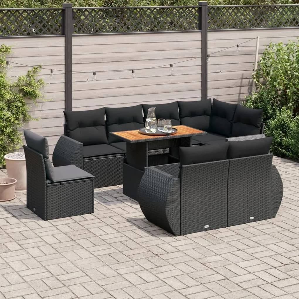 3327275 vidaXL Set mobilier de grădină cu perne, 9 piese, negru, poliratan