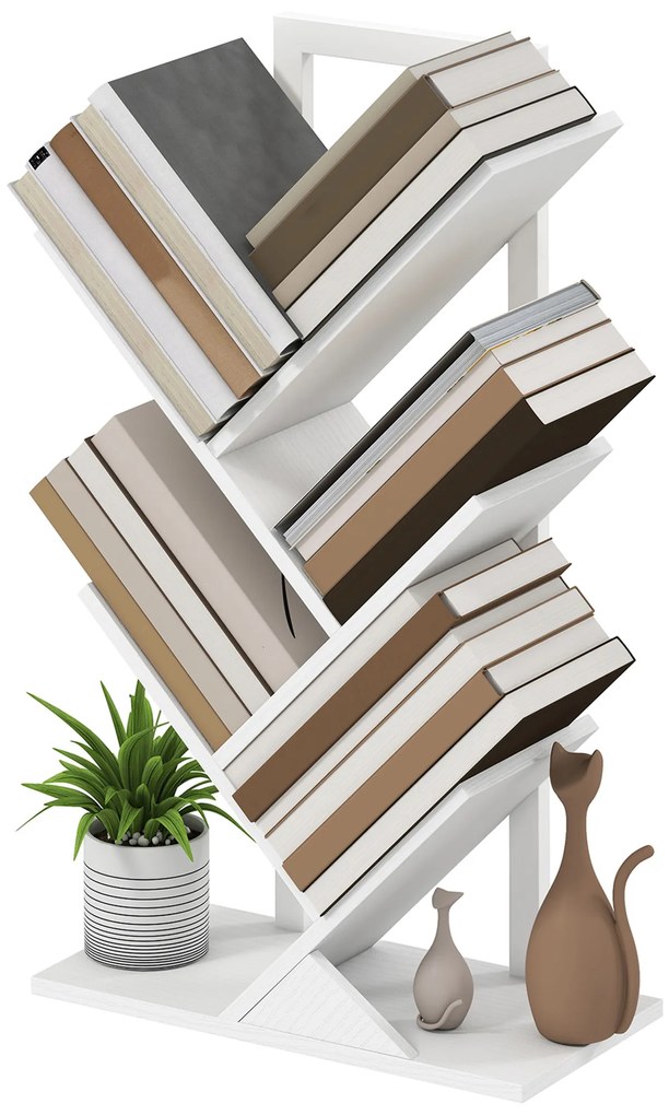 HOMCOM Bibliotecă în Formă de Copac cu 5 Rafturi și Sistem Antivărsare pentru Sufragerie Dormitor 50x24x82 cm Alb | Aosom Romania
