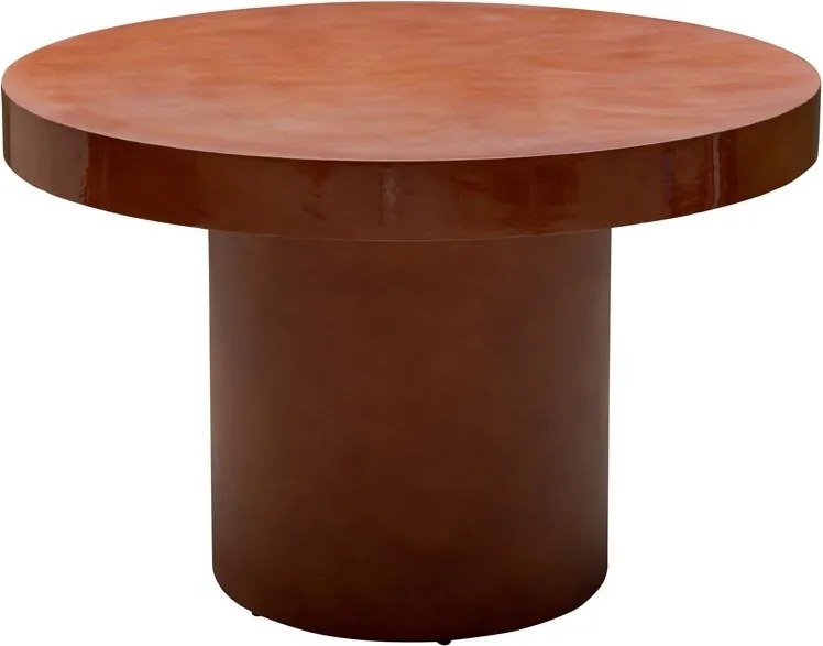 Masă dining rotundă din metal, roșu cărămiziu, 4–5 locuri, cu picior central cilindric, margine lăcuită, 70 x 120 cm, „Grenade”