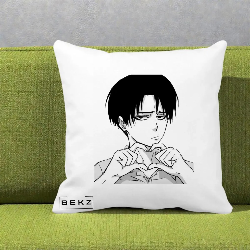 Perna Personalizata Levi Ackerman Inima, 40x40 cm, Alba Mata, Husa Detasabila, Perna Inclusa, BEKZ®
