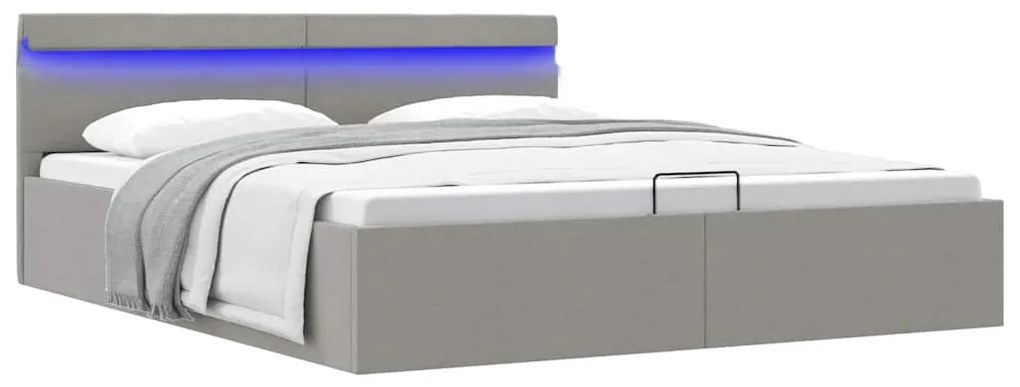 vidaXL Cadru pat hidraulic cu ladă LED gri deschis 180x200 cm textil