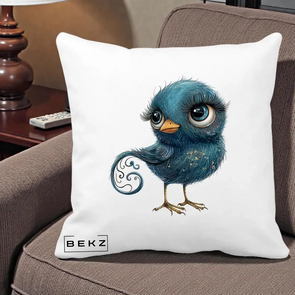 Perna Decorativa Pasare Teal cu Motive Aurii si Coada Spiralata, 40x40 cm, Alba Mata, Husa Detasabila, Perna Inclusa, BEKZ®