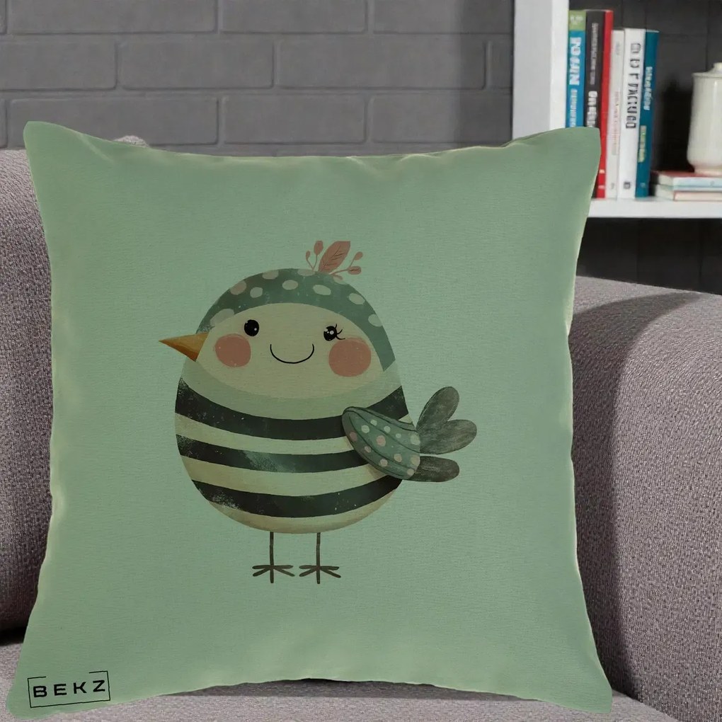 Perna Decorativa Pui Kawaii Teal cu Flori, 40x40 cm, Verde, Husa Detasabila, Perna Inclusa, BEKZ®