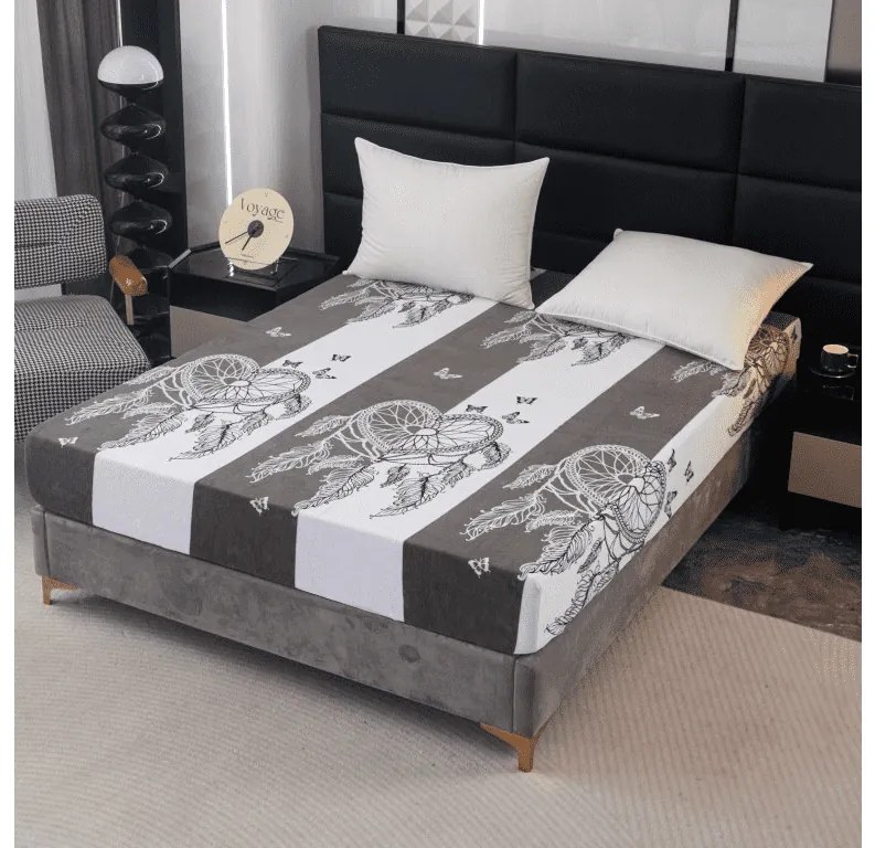 Cearsaf Cocolino microplus cu elastic TIRSO 90x200 cm gri-alb