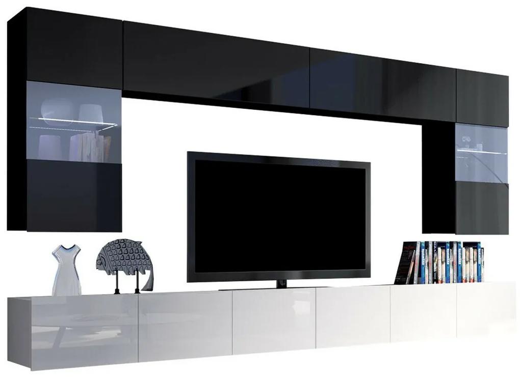 Camera de zi Providence B105Alb lucios, Negru lucios, Cu comodă tv, Cu componente suplimentare, Părți separate, PAL laminat, 300x43cm, 122 kg