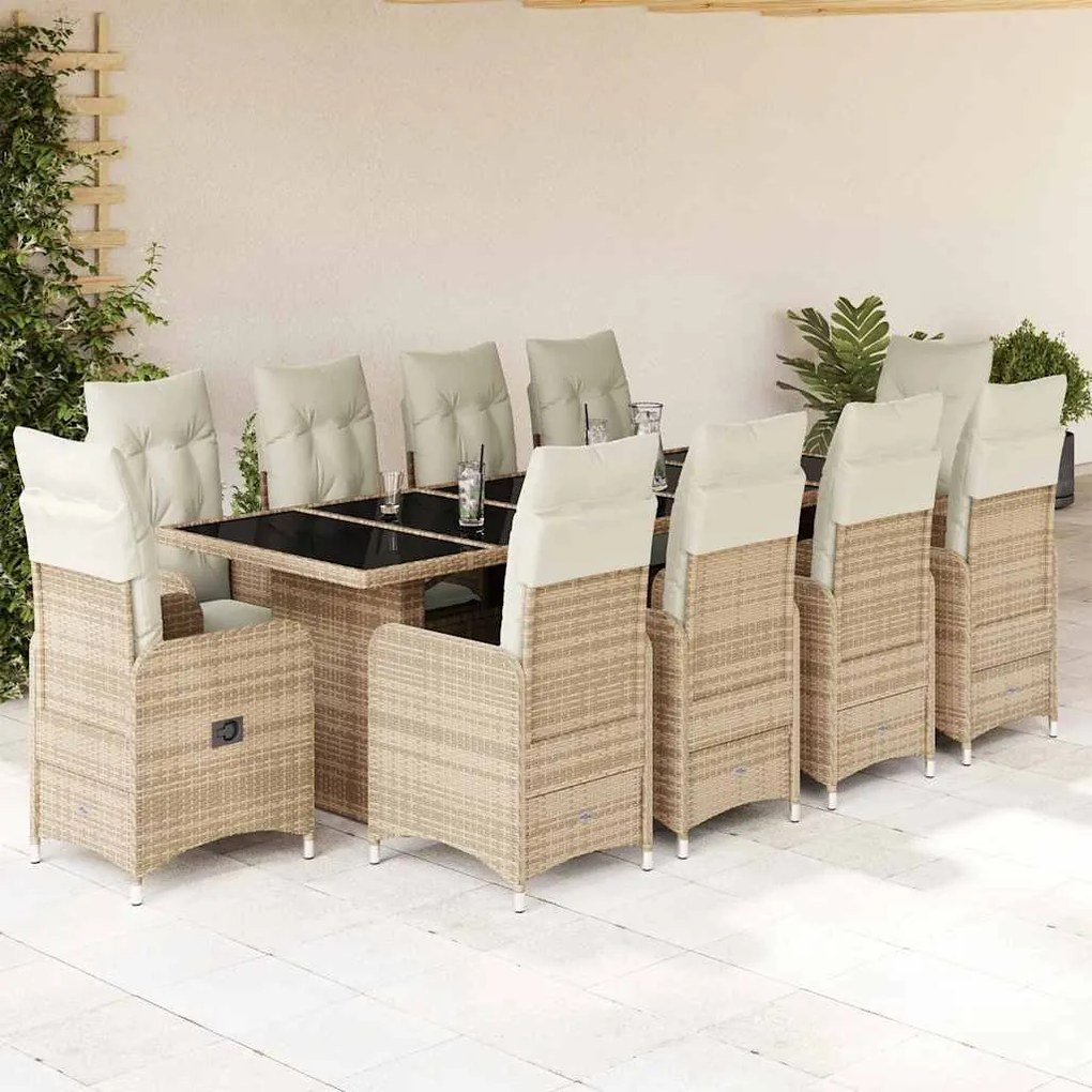 vidaXL Set bistro de grădină, 11 piese, cu perne, bej, poliratan
