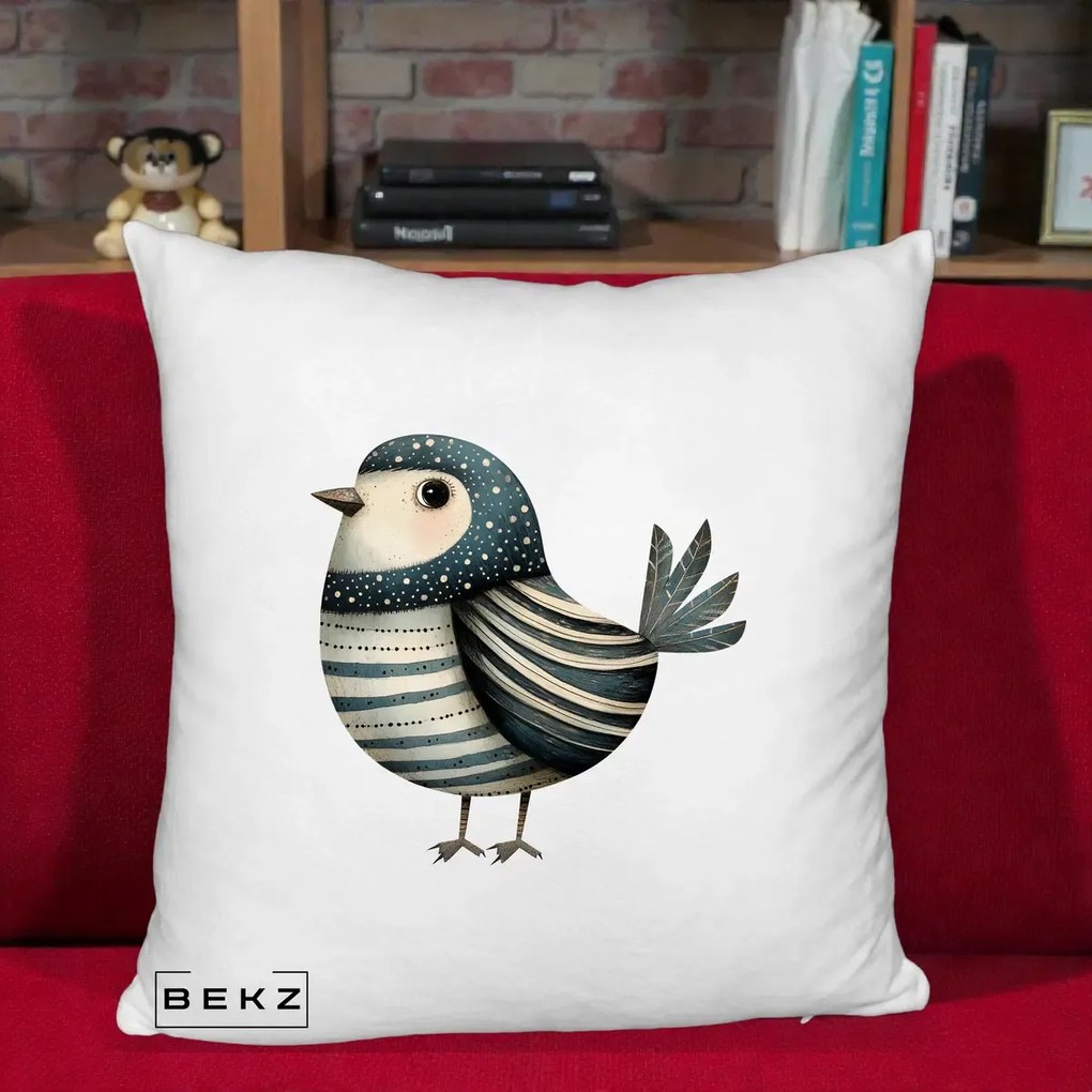 Perna Decorativa Pasare Teal Decorativa Dungata, 40x40 cm, Alb Pufos, Husa Detasabila, Perna Inclusa, BEKZ®