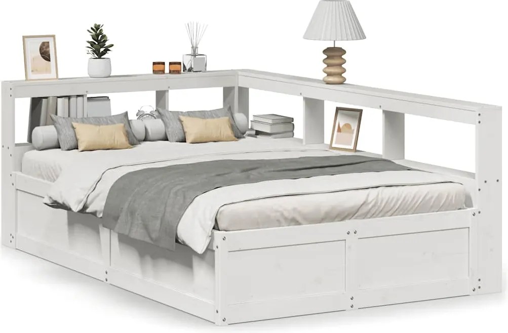 vidaXL Pat cu bibliotecă fără saltea, alb, 140x190 cm, lemn masiv pin