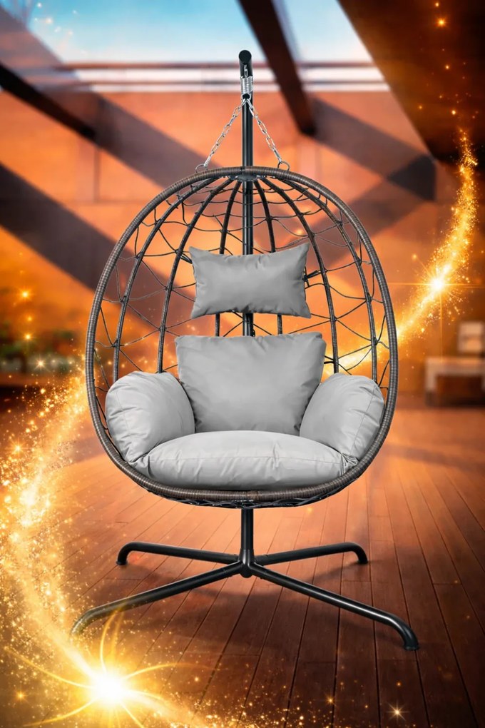 Fotoliu leagan suspendat, cos pliabil, perne moi, rezistent la UV, împletitură PE ratan, structură metalică, pentru interior și exterior, Gri