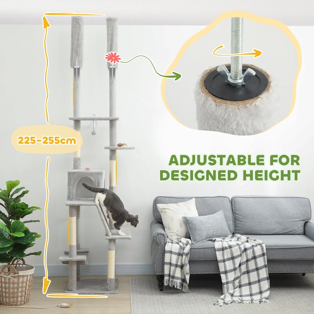 PawHut Copac zgârietoare de tavan cu înălțime ajustabilă 225-255cm Gri deschis | Aosom Romania