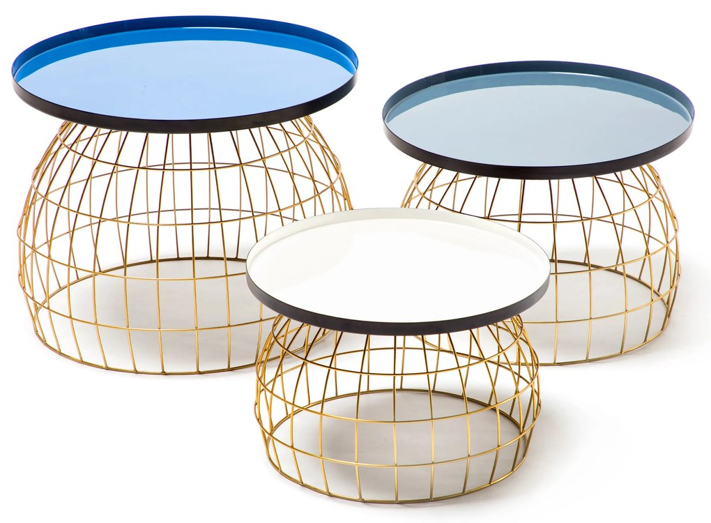 Set 3 masute de cafea rotunde din fier 26 cm / 32 cm / 42 cm albastru / gri / alb