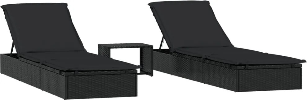 vidaXL Șezlonguri 2 buc. cu masă, negru, poliratan