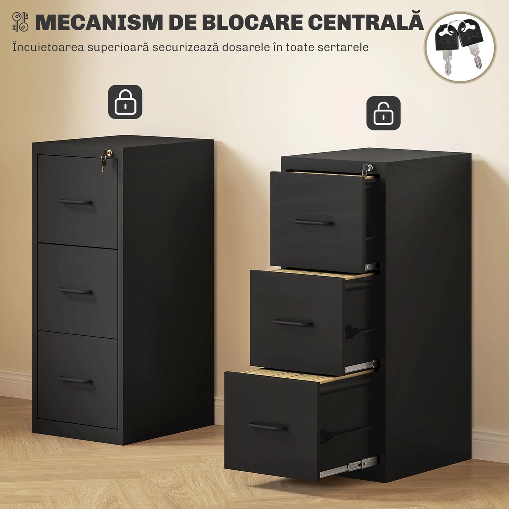 HOMCOM Dulap cu Sertare pentru Documente și cu o încuietoare, Bară Reglabilă, 36,5x46,2x99 cm, Negru | Aosom Romania