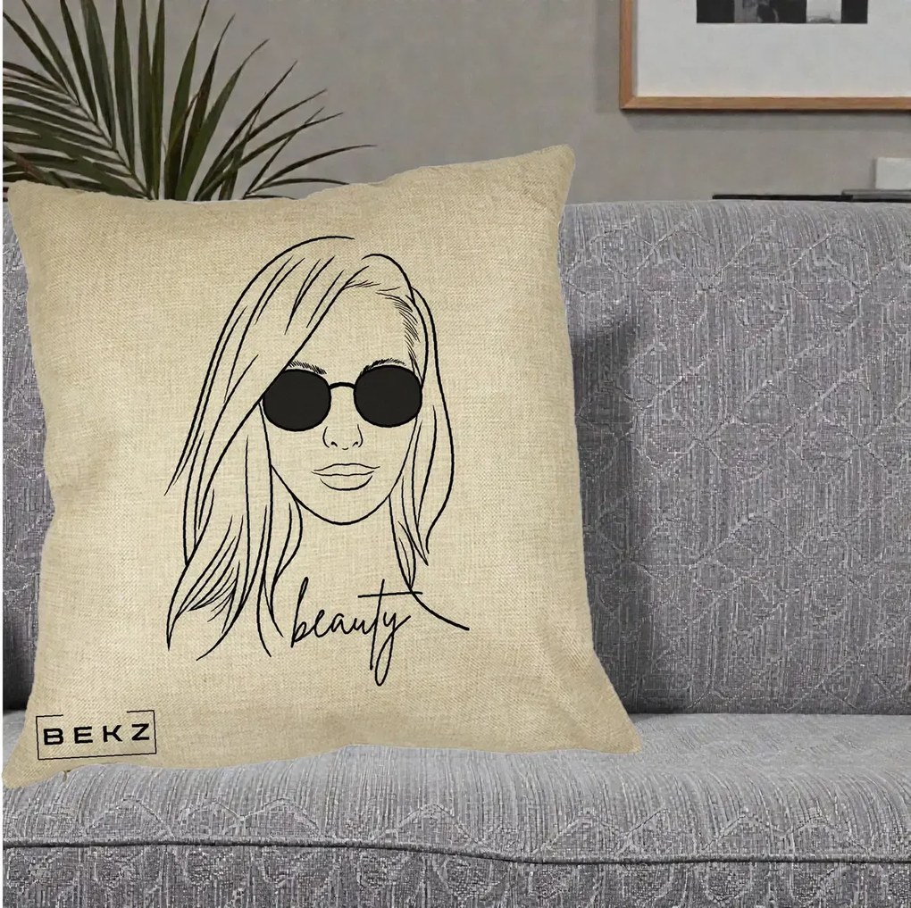 Perna Decorativa Beauty Girl Line Art, 40x40 cm, Crem, Husa Detasabila, Perna Inclusa, BEKZ®