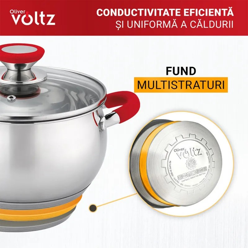 Oala Oliver Voltz OV51210N28, 28 cm, 10.45 L, Inductie, Manere din silicon, Inox/Roşu