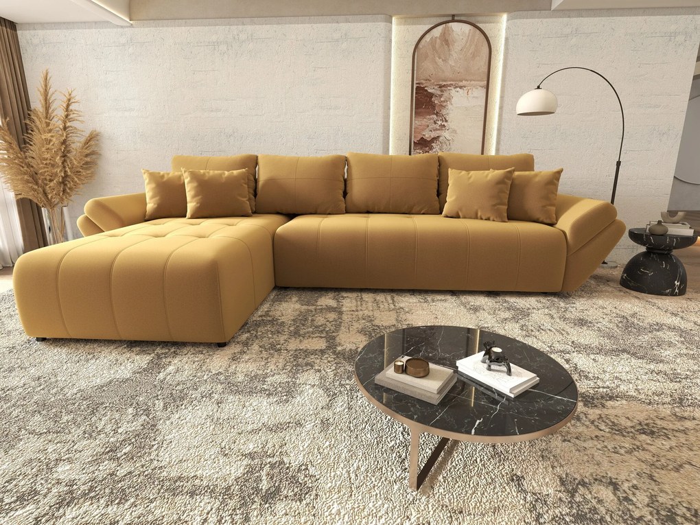 Colțar extensibil dumonde cu ladă de depozitare si sezut confortabil din spuma high-density, Berlin XL Royal Mustar 350x185 cm