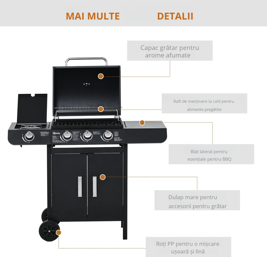 Gratar pe gaz Outsunny cu Capac si Termometru 110x50x100cm Negru | Aosom Romania