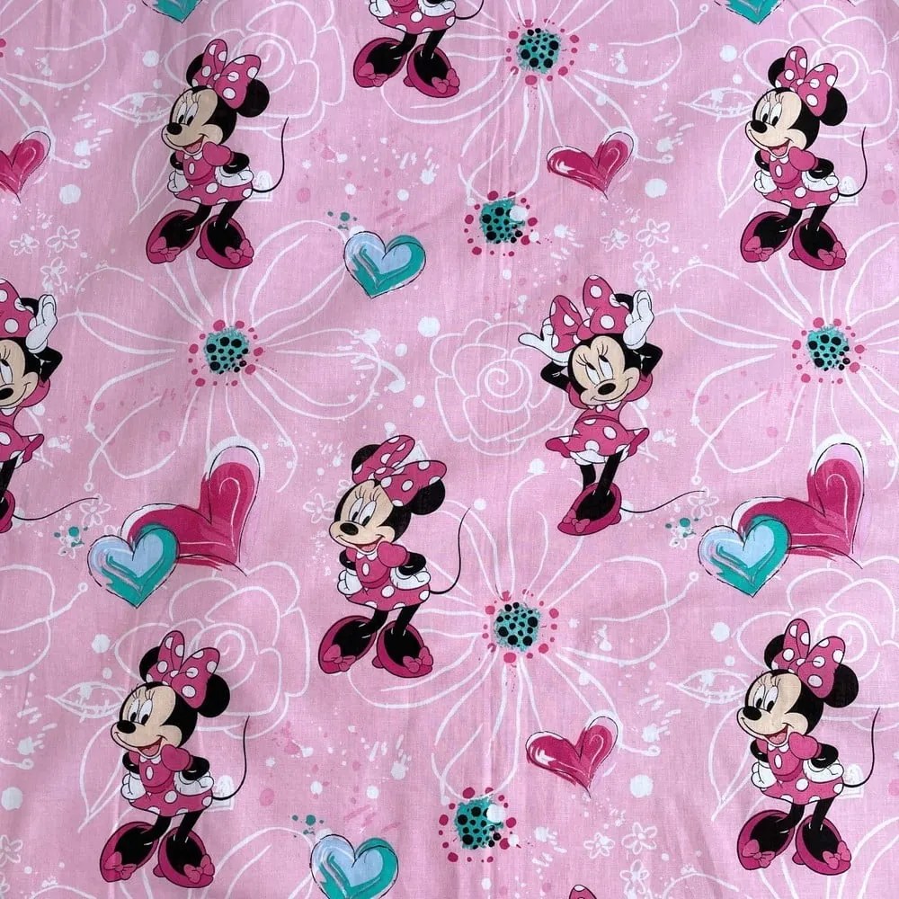 Cearceaf pentru copii roz din bumbac cu elastic 90x200 cm Minnie "Flowers" – Jerry Fabrics