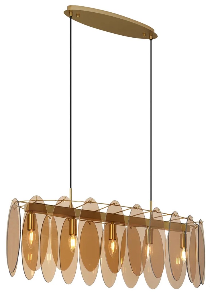 Lampă suspendată Art Deco aurie cu sticlă ovală ambră cu 5 lumini - Mochan