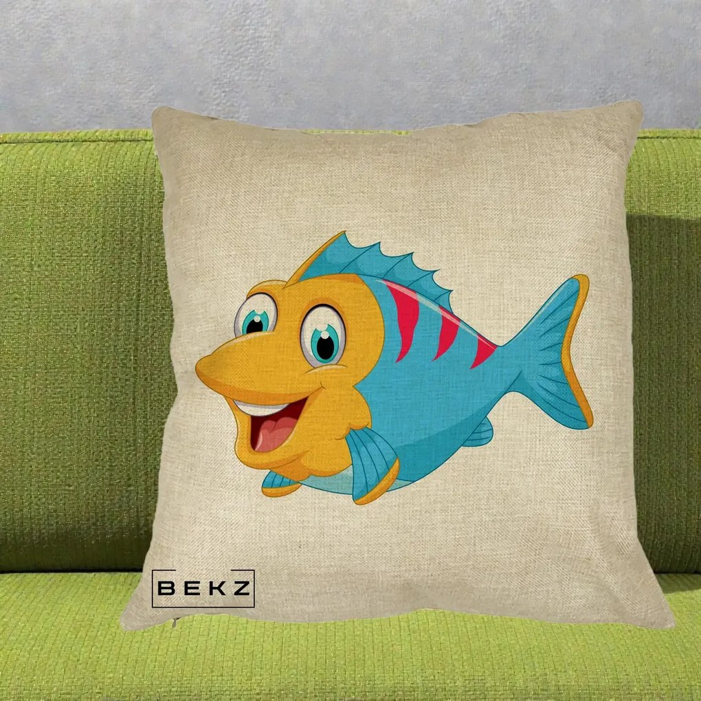 Perna Decorativa Peste Vesel Cartoon, 40x40 cm, Crem, Husa Detasabila, Perna Inclusa, BEKZ®