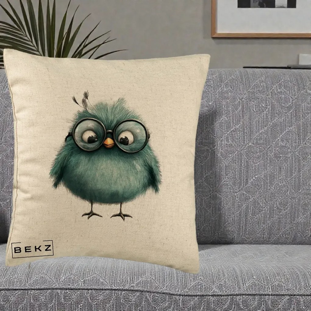 Perna Decorativa Pui Teal cu Ochelari Rotunzi, 40x40 cm, Bej, Husa Detasabila, Perna Inclusa, BEKZ®