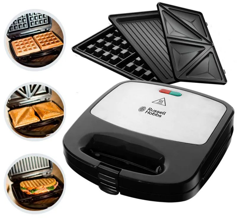 Sandwich maker Russell Hobbs Fiesta Deep Fill 24540-56 3in1, 750 W, 4 sandwich-uri, 3 placi diferite, Otel inoxidabil, Negru