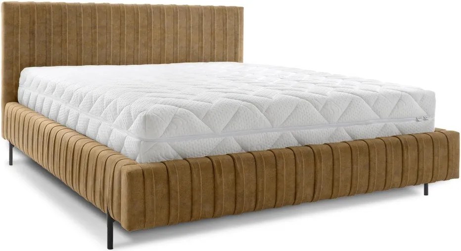 Pat matrimonial galben ocru tapițat cu spațiu de depozitare cu somieră 140x200 cm Plissa – ELTAP