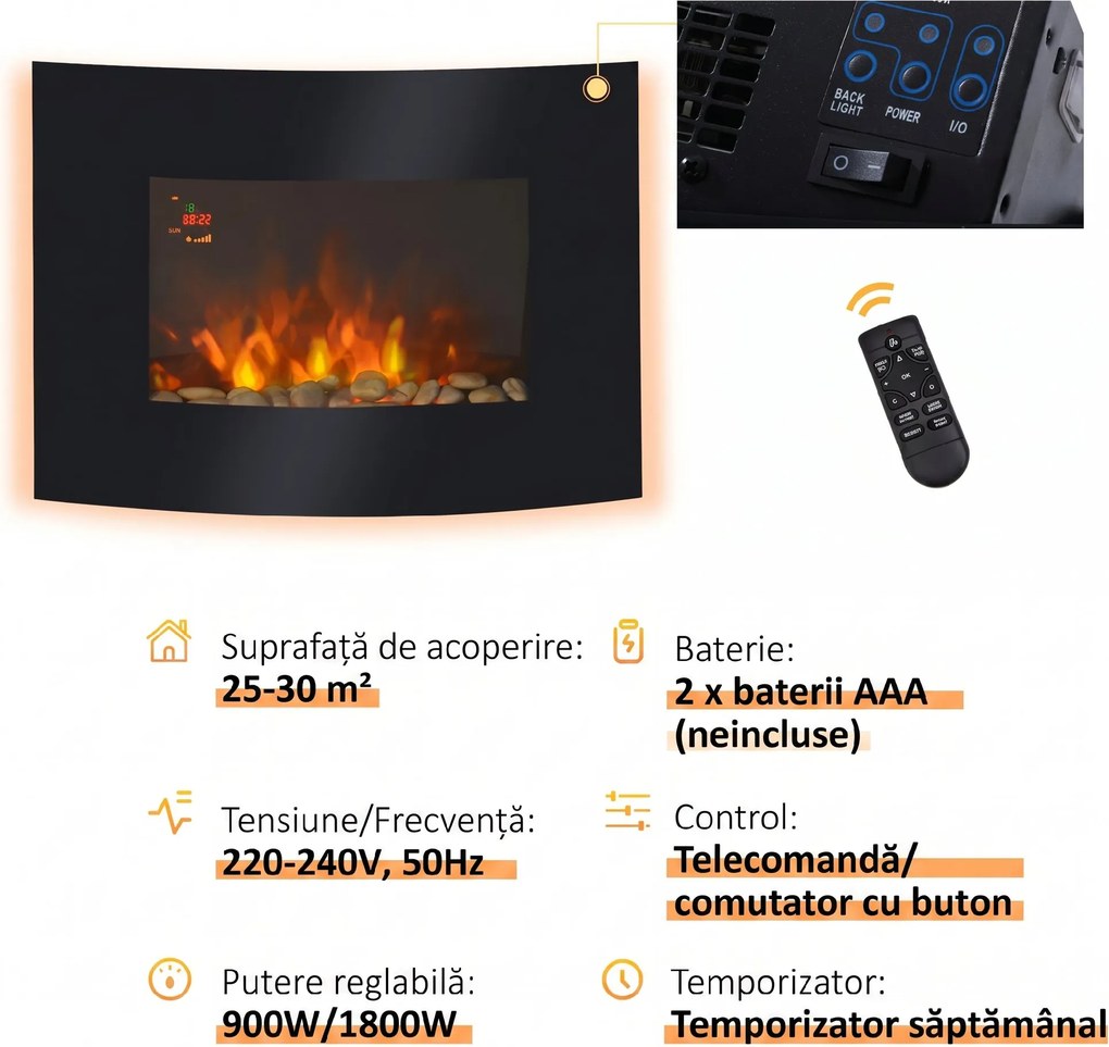 HOMCOM Șemineu Electric de Perete 900/1800W Încălzire cu Efect de Flacără 3D Reglabil, Șemineu Electric cu Lumină LED în 7 Culori, Telecomandă, Temporizator și Termostat, 30 m², Negru | Aosom Romania
