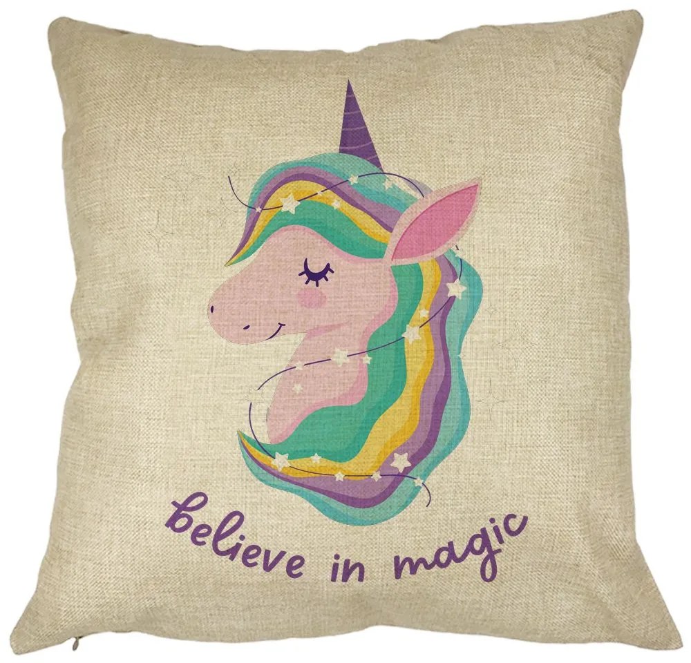 Perna Decorativa Patrata Unicorns Believe in Magic, 40x40 cm, Husa Detasabila, Burduf