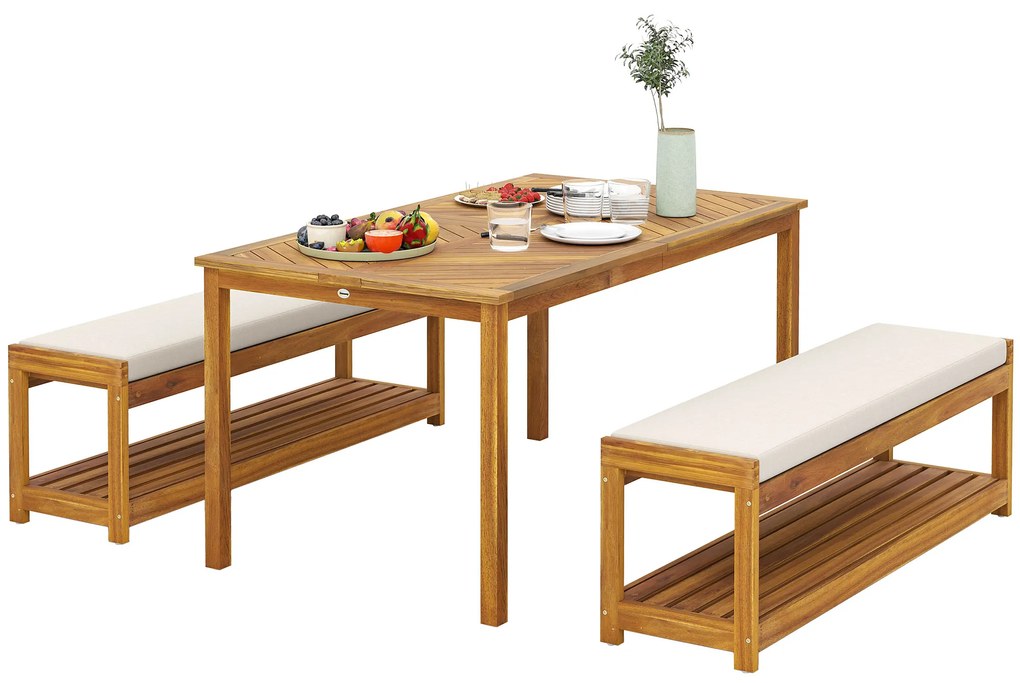 Outsunny Set de mobilier de grădină 3 buc., Set de scaune cu 1 masă cu orificiu pentru umbrelă, 2 bănci 150 x 85 x 75 cm Teak | Aosom Romania