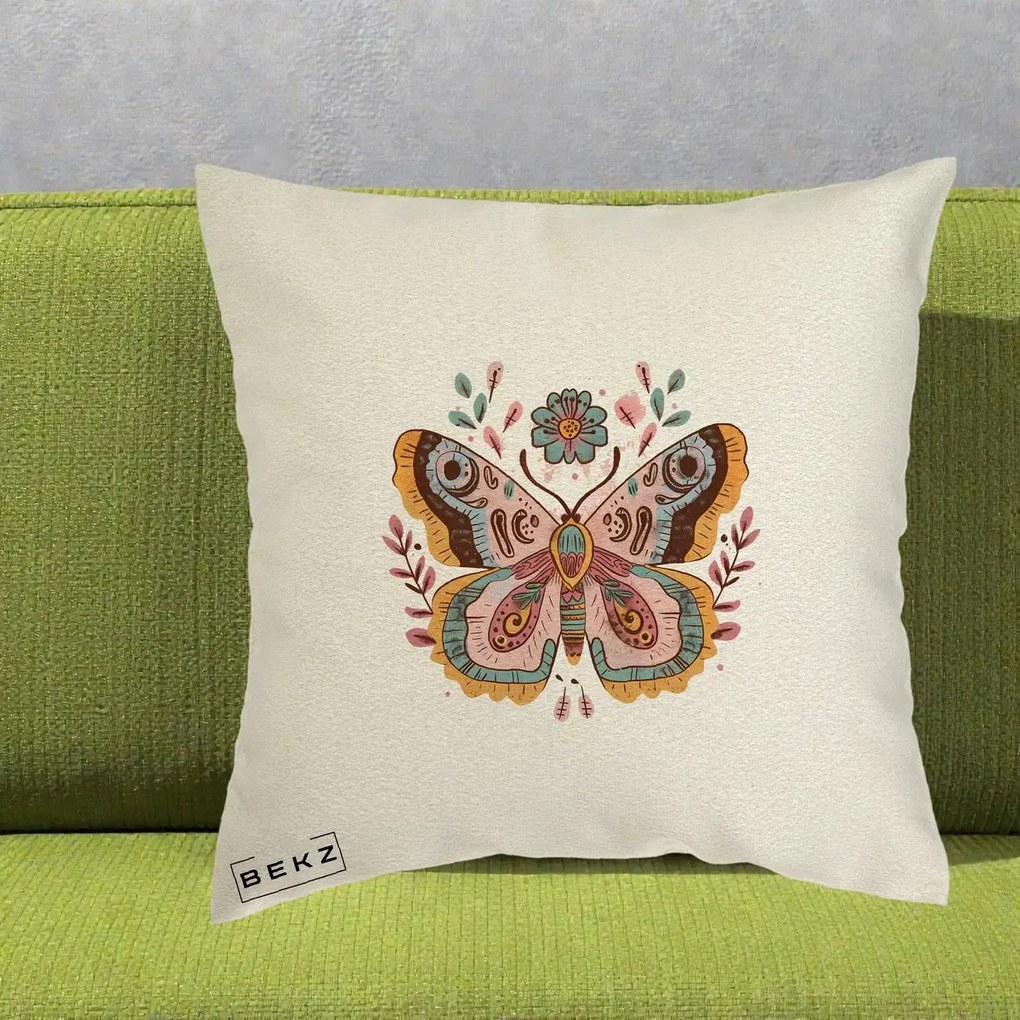 Perna Decorativa Fluture Boho Floral, 40x40 cm, Ecru, Husa Detasabila, Perna Inclusa, BEKZ®