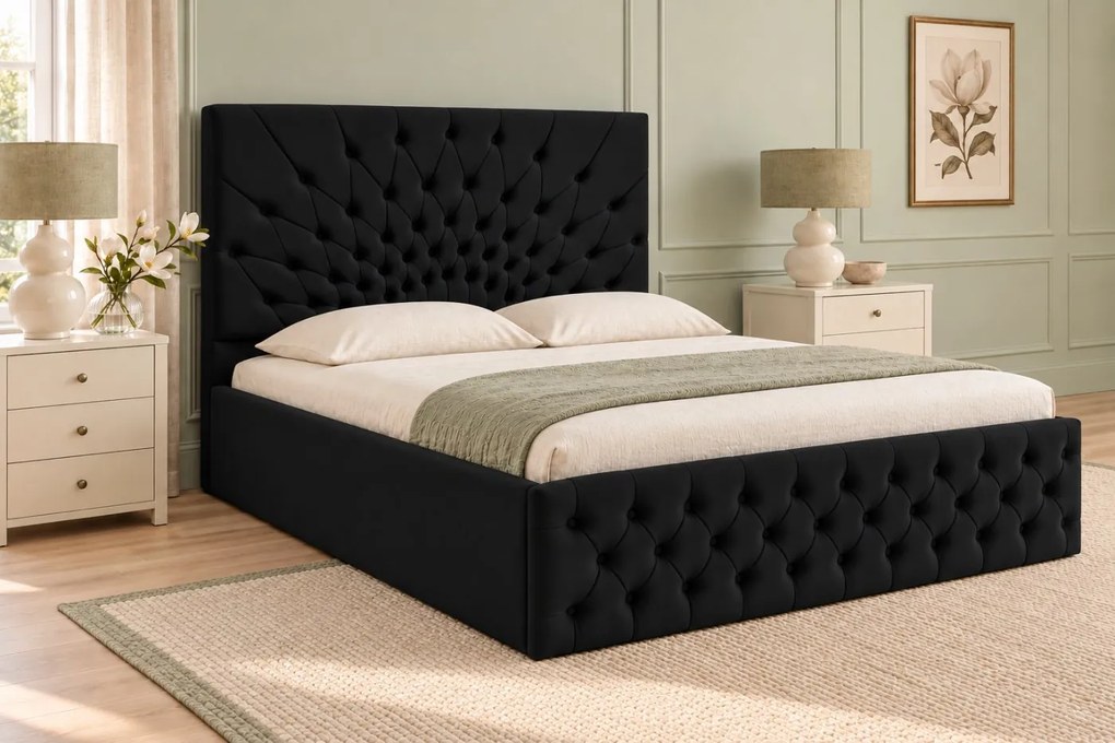 Pat tapițat Chesterfield din catifea Venezia 180×200 cm, negru, cu ladă de depozitare