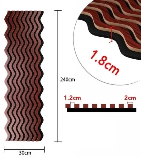 Panou riflaj acustic decorativ, MDF si pasla, AC46, 240x30x1.8cm, Visiniu