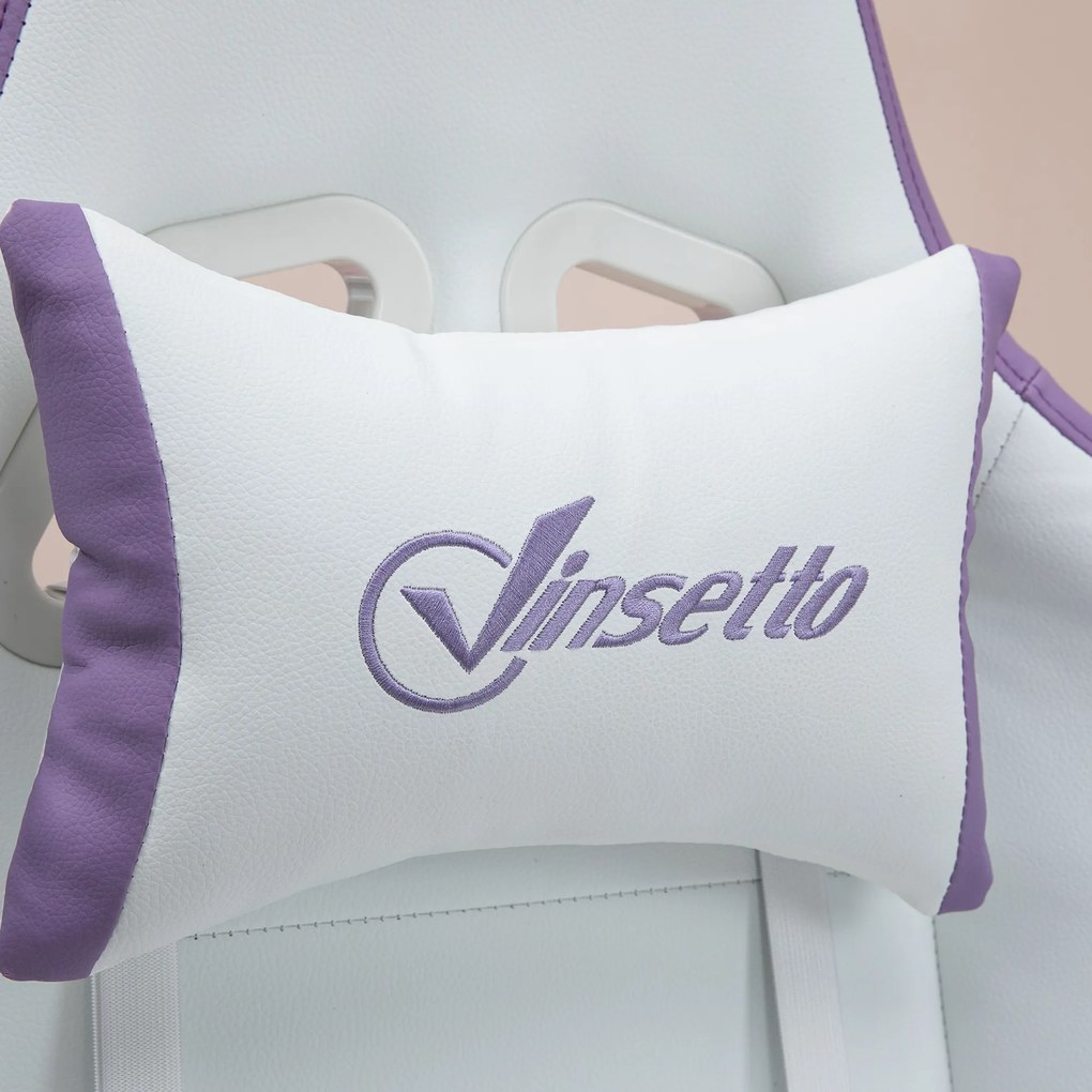 Vinsetto Scaun Gaming Reglabil pe Înălțime cu Tetieră, Alb și Mov | Aosom Romania