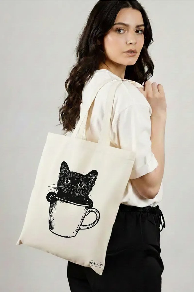 Sacosa de Panza pentru Cumparaturi, Geanta Tote, model Caffeine Cat 16 38 x 34.5 cm, Alba, BEKZ®