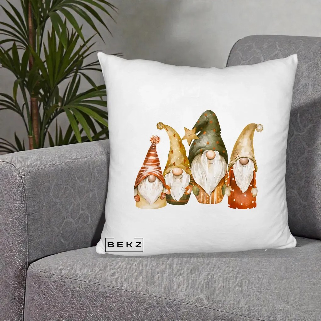 Perna Decorativa Gnomi de Craciun Patru, 40x40 cm, Alb Pufos, Husa Detasabila, Perna Inclusa, BEKZ®