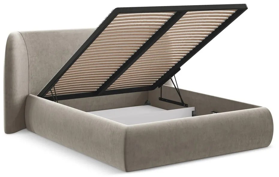 Pat matrimonial taupe tapițat cu spațiu de depozitare cu somieră 180x200 cm Hauke – Makamii