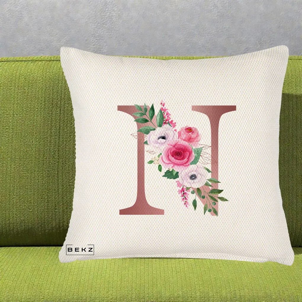 Cadou Personalizat - Perna Personalizata Monograma Rose Gold Litera N, 40x40 cm, Crem Reliefat, Husa Detasabila, Perna Inclusa, BEKZ®